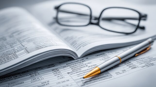 Close-up of an open ledger book with a pen and glasses, signifying financial analysis and business planning