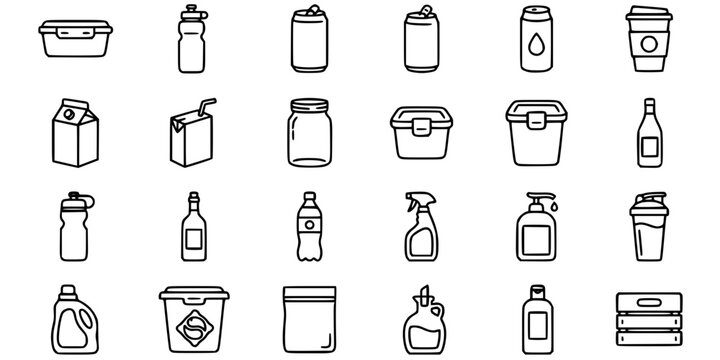 Container outline icon set with food beverage bottle jar and cleaning supplies editable stroke vector