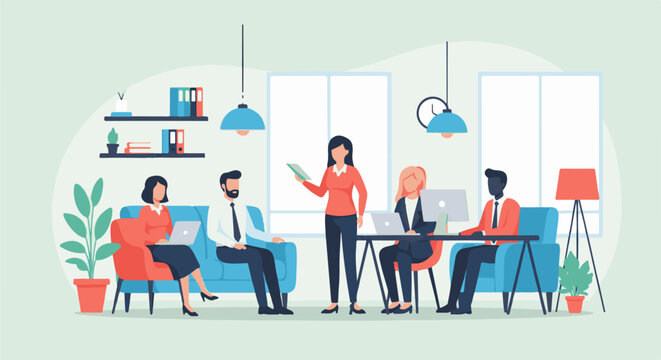 Five diverse individuals collaborate in a modern office space with contemporary furniture and decor