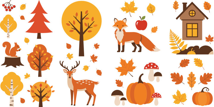 Autumn elements collection with fox deer pumpkins trees and falling leaves colorful vector illustration for fall season design thanksgiving decor and nature themes