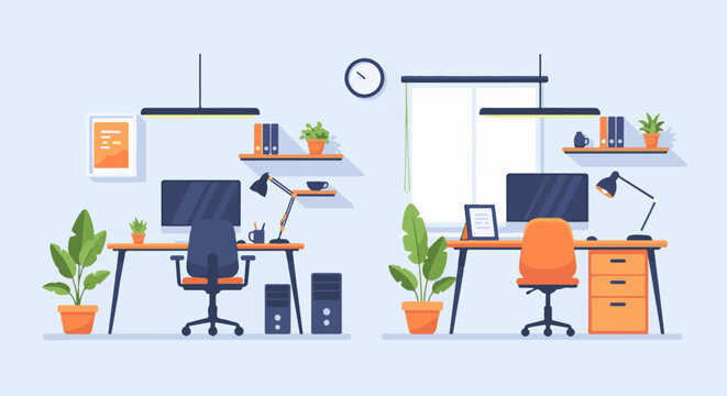 Modern home office setup with dual workstations, computers, chairs, plants, and wall art