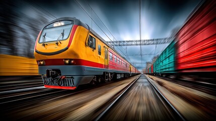 Obraz premium High-Speed Passenger Train Traveling on Tracks with Blurred Motion and Colorful Cargo Wagons