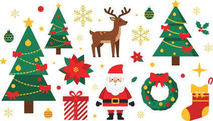Christmas elements collection with Santa tree reindeer gifts wreath and decorations festive vector illustration for holiday design greeting cards winter themes and seasonal projects © MdNazmul