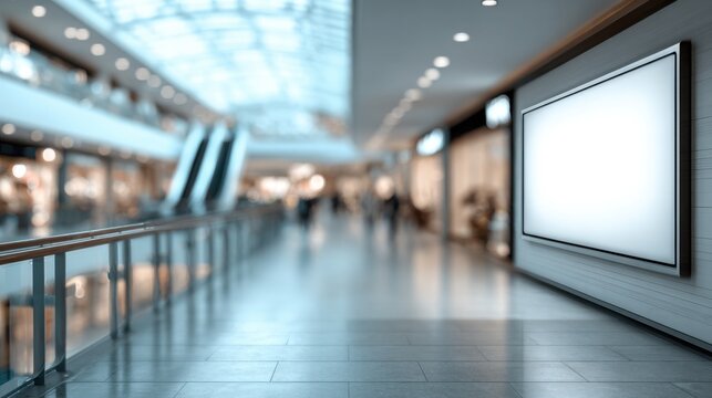 Brightly Lit Shopping Mall Corridor with a Blank Digital Advertising Screen