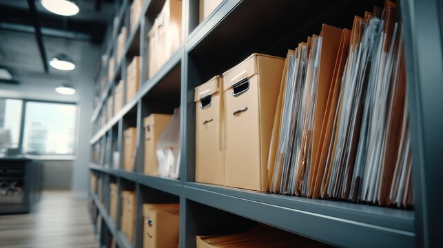 Organized archive shelves with files and boxes in an office storage room