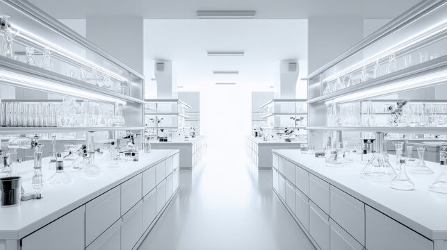 Symmetrical sterile modern laboratory interior with bright lighting and scientific equipment