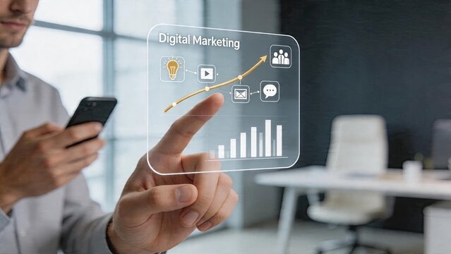 Businessman interacting with holographic digital marketing chart futuristic office technology data analytics graph mobile phone use internet marketing icons growth