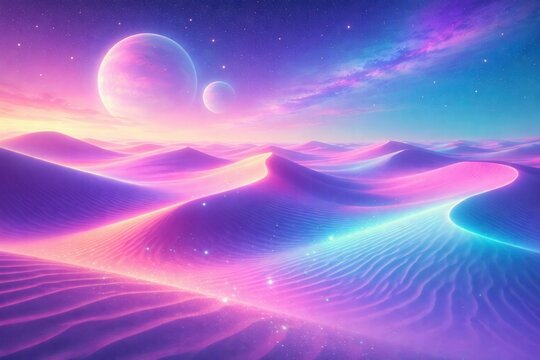 Colorful surreal desert landscape with glowing dunes and planets in dreamy cosmic sky scene