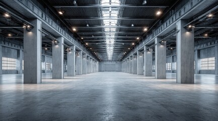 Fototapeta premium Vast Empty Industrial Warehouse Interior with Concrete Pillars and Natural Light Streaming Through Skylights