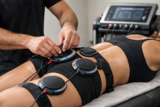Electrical muscle stimulation therapy on female body physiotherapy treatment fitness recovery session