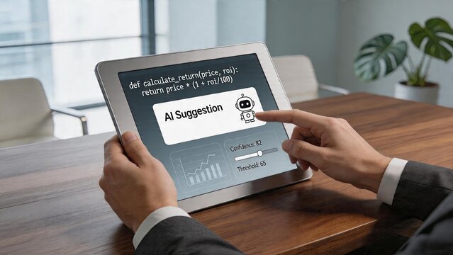 Business professional using tablet for financial analysis AI suggestion interface with code snippet calculating return on investment modern office workspace technology concept