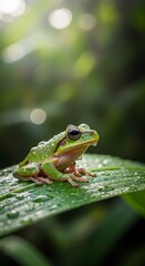 Fototapeta premium Small green frog sits on dew-covered leaf