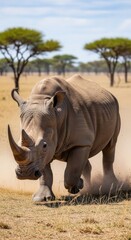 Fototapeta premium Powerful rhinoceros charging across the African savanna
