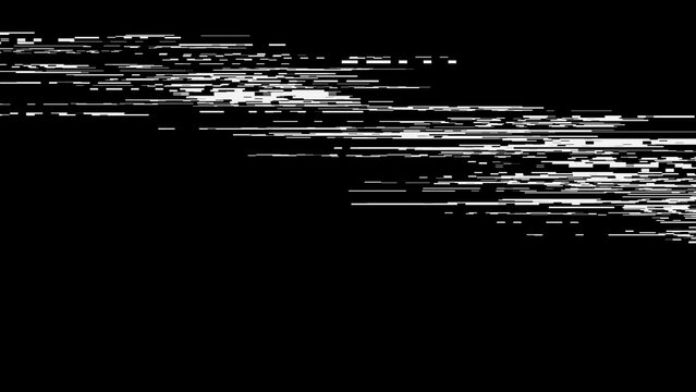 White scanline glitch distortion with digital noise and signal corruption on black background. Monochrome artifact texture for retro video transition and cyberpunk poster design.
