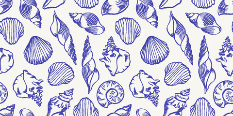 Seamless pattern with assorted seashells on white background. Repeating shell composition with detailed linework and organic shapes, suitable for fabric, wrapping paper, wallpaper, and print surfaces. © Danchenko