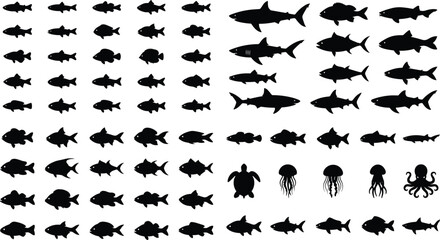 Marine animal silhouette mega set with fish shark turtle jellyfish octopus and ocean wildlife vector collection © MdHaberar