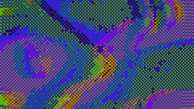 8bit CRT Glitch Texture with Purple Neon Pixel Distortion and Scanlines