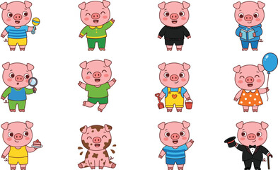 Cute Pig Cartoon Character Collection Featuring Different Professions Activities and Costumes with Happy Piglets for Kids Illustration Design Set. © MstSuborna