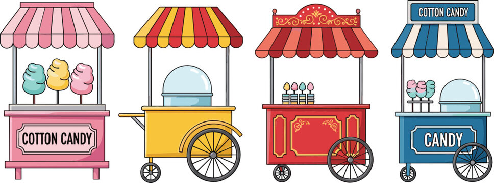 Colorful street food carts set with cotton candy and candy stalls in cartoon vector style for festival design, fair illustration, and carnival market theme