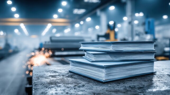 Stack of blank hardcover books placed on a metal workbench in a blurred industrial factory background