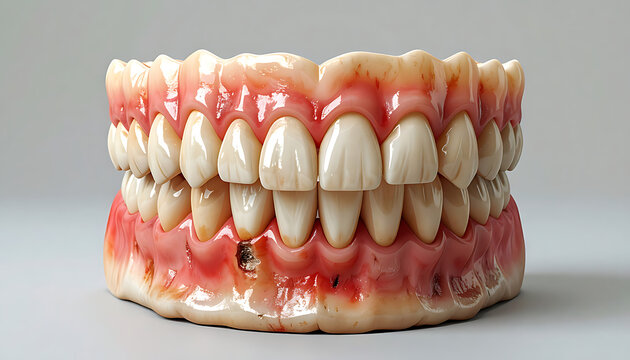 Realistic dental prosthesis showing healthy upper teeth and unhealthy, decaying lower teeth with cavities and gingivitis, isolated on a clean background