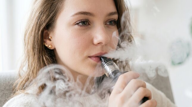 Woman uses electronic cigarette. Girl vaping with modern vaporizer device indoors. Concept of nicotine habit, lifestyle and personal relaxation choice. Healthy alternative habits.