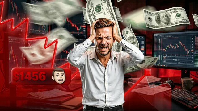 Financial stock market investment is falling down.  Yang man Looking financial decline crisis, Red Graph Falling, bitcoin, BTC&nbsp; Stock market crash, losing money Falling Money During Stock Market Crash