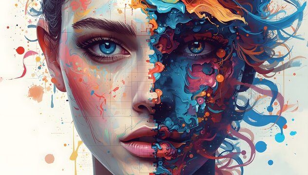 Human Face Split Between Organic Paint Splashes and Digital Brush Algorithms, Generative AI Art and Creative Programming Concept