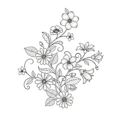 Fototapeta premium Elegant Floral Arrangement, Delicate Flowers and Leaves, Hand-Drawn Sketch Style