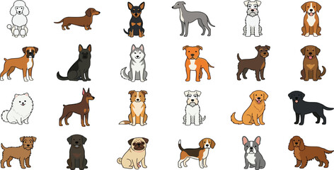 Various Dog Breeds Cartoon Vector Collection Featuring Poodle Dachshund Doberman Husky Terrier Labrador Bulldog and Mixed Puppies for Pet Character Design Set. © MstSuborna
