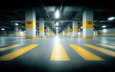 Fototapeta premium Vast Underground Parking Garage Interior with Bright Yellow Markings and Concrete Pillars Illuminated by Artificial Lights