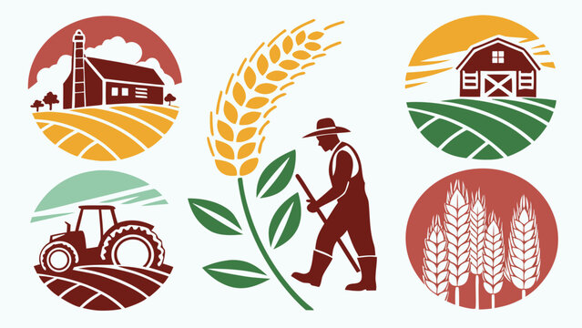 Agriculture Farming Crop Harvest Field Icon Set Flat Vector Illustration Isolated Colorful Collection white background
