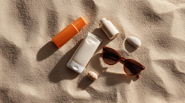 Sunscreen products and sunglasses on sand beach summer sun protection concept