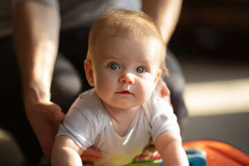 Fototapeta premium Baby sitting on colorful travel suitcase while parent hands gently support, curious expression, soft natural light, shallow depth of field
