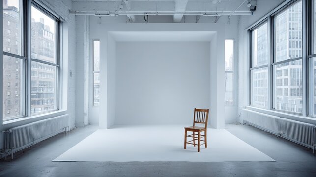 Minimalist empty studio loft with single wooden chair bathed in natural light from large windows