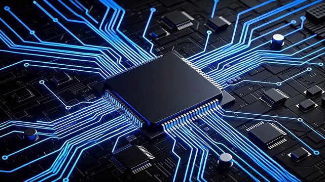 Circuit board with glowing blue lines