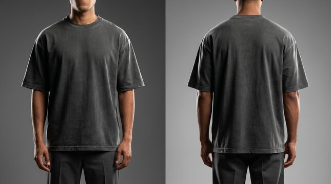 This image features a front and back view of a plain charcoal oversized T-shirt worn by a model on a neutral background, ideal for mockups or showcasing urban streetwear fashion designs