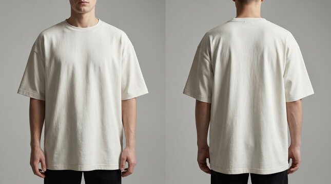 This image features a front and back view of a plain off-white oversized t-shirt worn by a model on a neutral background, ideal for mockups or showcasing minimalist streetwear fashion designs