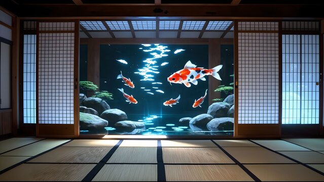 伝統的な和室に浮かび上がるデジタルな鯉のホログラムとサイバー禅の空間