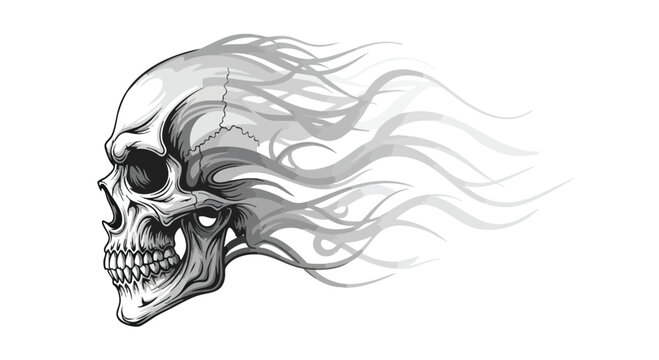 Gothic skull profile illustration with flowing smoke, skull side tattoo stencil, dark aesthetic design