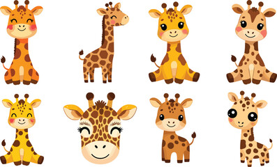 Cute giraffe cartoon collection with different poses and expressions colorful vector illustration for kids nursery design safari themes and playful animal graphics © MdNazmul