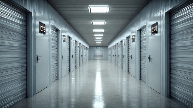 Long sterile corridor with numbered doors and rolling metal shutters in a modern self storage facility