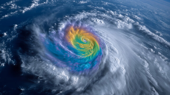 Tropical cyclone from space with colorful storm intensity map, hurricane eye over ocean, satellite weather analysis, climate data visualization, realistic forecast technology tropi