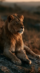 Obraz premium Lion's Regal Gaze: A majestic lion lounges atop a weathered rock, its eyes fixed on the horizon, bathed in the soft glow of a setting sun. This image embodies strength, serenity.