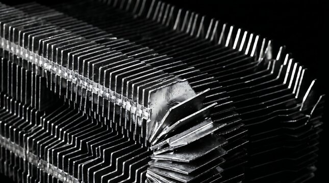 Close-up shot of a stack of metal sheets with a zig-zag pattern in a dark background with industrial mood.