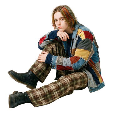 Young person with colorful hair and plaid pants wearing a patchwork denim jacket isolated on transparent background