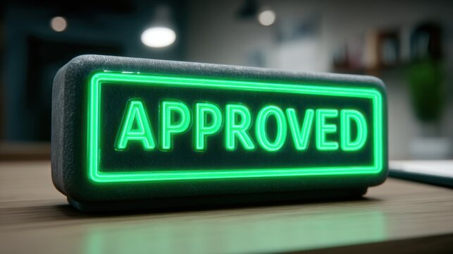 Illuminated Green Neon Sign Displaying 'APPROVED' for Official Business Decisions and Agreement