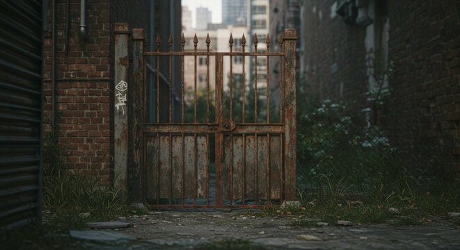 old metal gate in alley.