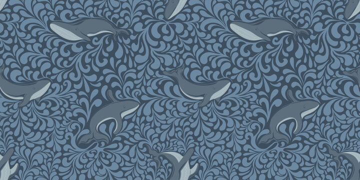 Blue whales seamless pattern. Ocean print with vintage swirls. Great for fabric, textiles, wrapping paper, wallpaper