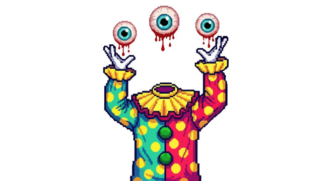 Creepy headless clown juggling bloody eyeballs with hands.